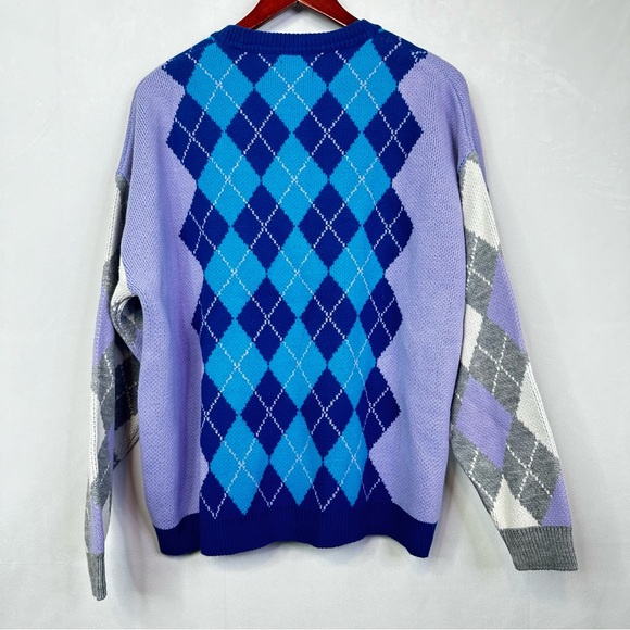 ASOS Preppy Sweater Argyle Purple Knit Stretch Designer Casual Academia Men’s - Picture 8 of 9